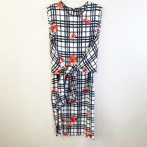 Lela Rose Navy and White Checkered Mini Dress with Red Floral Accents